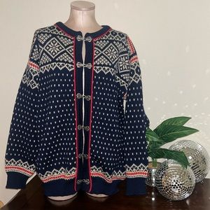 Dale of Norway winter cardigan with decorative metal clasps